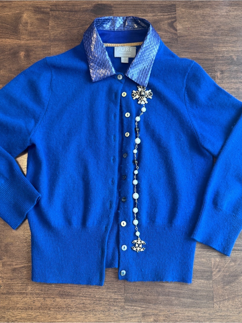 PURE Collection 100% Cashmere Blue Cardigan Custom Exotic Skin Collar Sz 2